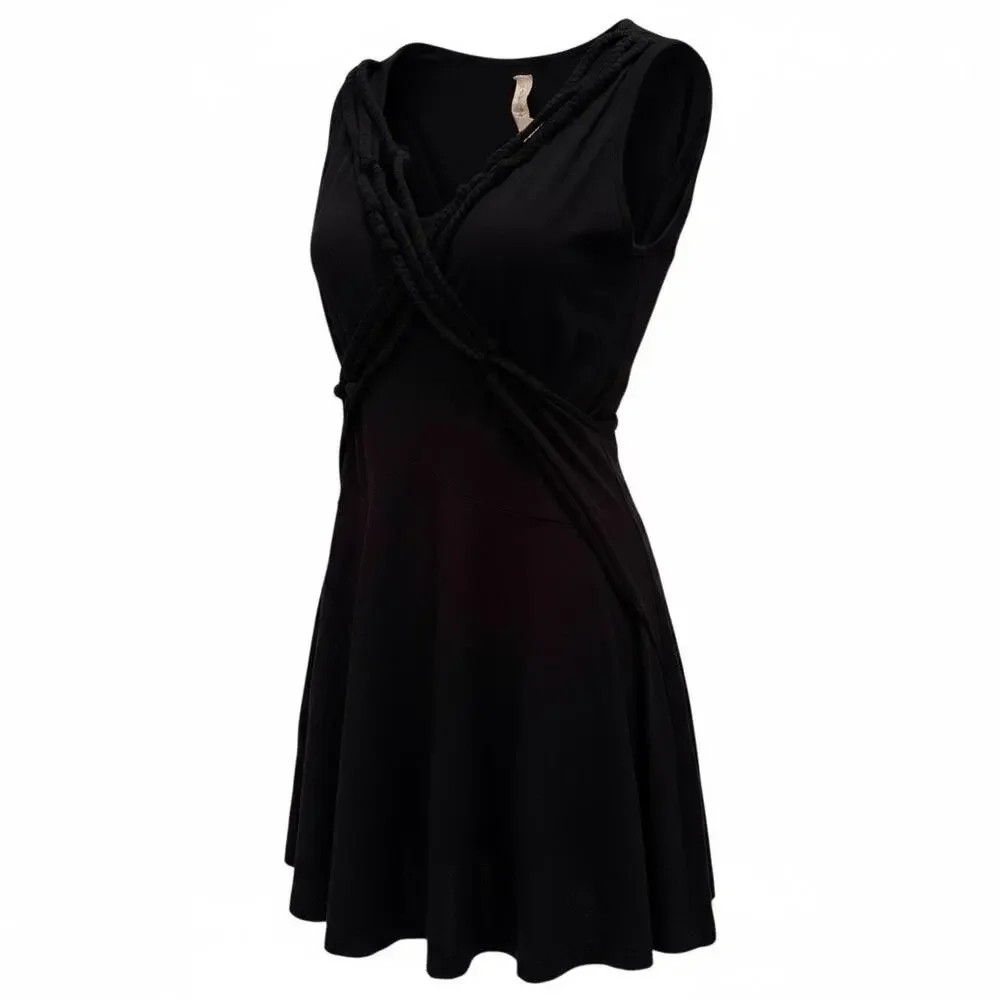 Anthropologie Bailey 44‎ Vintage Y2K Black Jersey Wrap Rope Boho Mini Dress Moto
